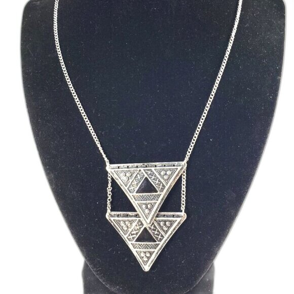 Boho Geometric Triangle Statement Necklace – Silver Tribal Pendant - Stylish - Picture 1 of 8